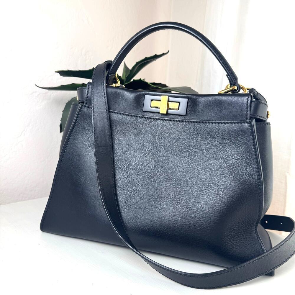 Fendi Black Calf‎ Leather Iconic Peekaboo Medium GHW Authentic CoA Bag Purse